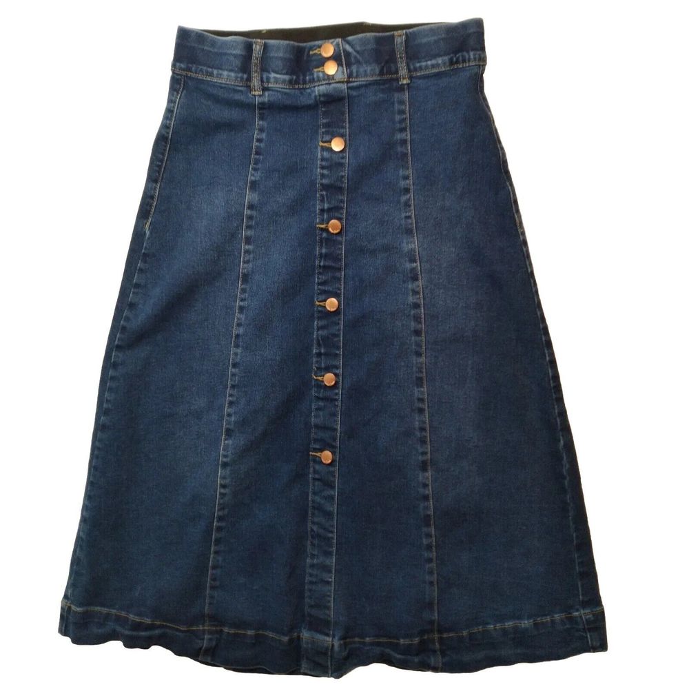 Indigo Poppy Womens Tummy Control A-Line Button Front Stretch Denim Maxi Skirt 8